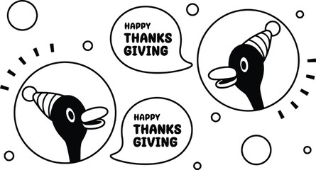 Joyful cartoon ducks wearing festive hats celebrate Thanksgiving with cheerful greetings, perfect for seasonal design and invitations