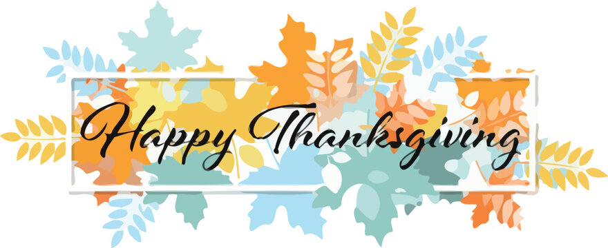 Celebrate autumn with a vibrant "Happy Thanksgiving" message adorned with colorful falling leaves, perfect for seasonal greetings and festive decor.