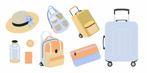 Collection of travel essentials including luggage backpacks a hat and travel accessories for a vacation