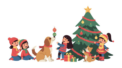 Christmas Joy: Children and pets decorate a festive Christmas tree, sharing the holiday spirit with gifts and ornaments