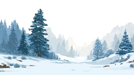 Fototapeta premium Snowy winter mountain landscape with frosty fir trees under a cold blue sky