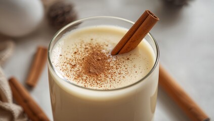 Creamy Elixir in Glass Warm Spices and Smooth Texture on Light Surface.