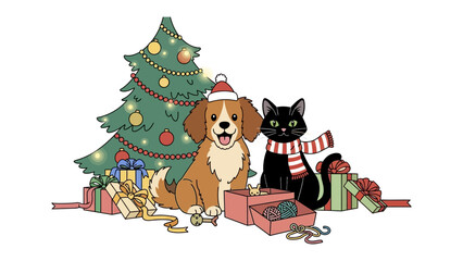 Festive Friends: A charming illustration capturing the holiday spirit with a dog, a cat, decorated tree, and colorful gifts. conveying warmth and togetherness.