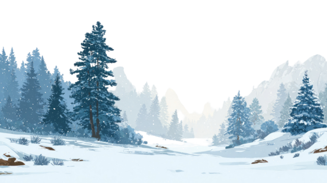 Snowy winter mountain landscape with frosty fir trees under a cold blue sky