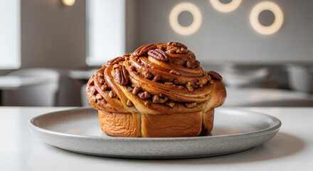 Impressive Gourmet Pecan Cinnamon Roll Topped with Chopped and Whole Pecans, Served on a Large Plate in a Modern Minimalist Cafe Setting