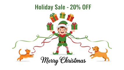 Festive Elf's Holiday Cheer: An adorable elf, amidst the holiday sale, spreads joy by juggling colorful gifts, embraced by playful pets and the merry spirit of Christmas.