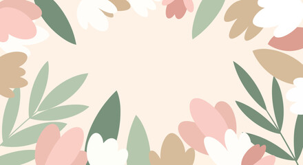 Elegant floral frame with pastel colored flowers and leaves on a soft beige background, a beautiful botanical border for invitations or spring designs