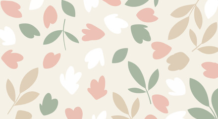 Soft pastel floral pattern with leaves and petal shapes on a light cream background, elegant and delicate botanical design