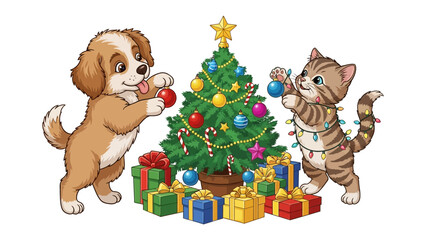Festive Friends Decorating: A playful puppy and a cute kitten team up to decorate a vibrant Christmas tree, surrounded by colorful presents, creating a scene of holiday cheer and friendship.