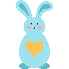 Cute blue Easter bunny with yellow heart on chest and rosy cheeks standing with transparent background