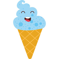 Cute blue ice cream cone with a smiling face and sprinkles on a transparent background