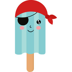 Cute Blue Popsicle Character Wearing A Red Pirate Bandana And Black Eye Patch With Rosy Cheeks And Striped Texture On A White Background