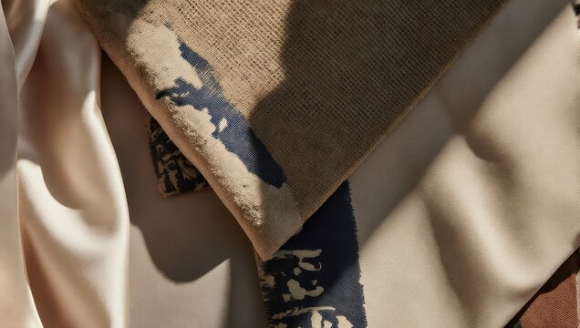Close-up of folded, textured fabrics in beige, brown, and blue hues, showcasing patterns and details