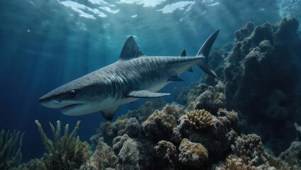 Fototapeta premium A sleek shark swims majestically through sunlit ocean waters near colorful coral reefs