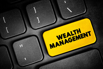 Naklejka premium Wealth Management - process of making decisions about your assets with a wealth manager, text button on keyboard, concept background