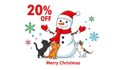 Festive Cat Christmas Promotion: A charming illustration depicts a jovial snowman adorned with a festive hat, scarf, and gloves, surrounded by playful cats, and showcasing a Christmas promotion. 