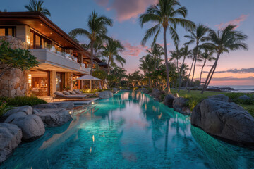 Fototapeta premium View of a tropical villa with a pool, palm trees and sea views.