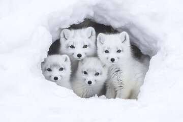 family of Arctic foxes nestled in their snow-covered den, braving the brutal cold together