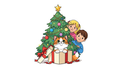 Holiday Delight: Two children and a charming cat joyfully anticipate the season's magic, surrounded by a festive Christmas tree adorned with ornaments and a wrapped gift.