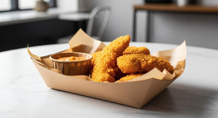 Appetizing Fried Chicken or Fish Tenders Served in an Eco-Friendly Brown Cardboard Tray with Dipping Sauce Cup on a White Marble Table