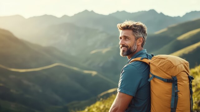 Solo man in his 40s enjoying hiking trip in mountains with stunning view and backpack during sunny day