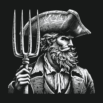 Historical engraving of a colonial American farmer holding a pitchfork.