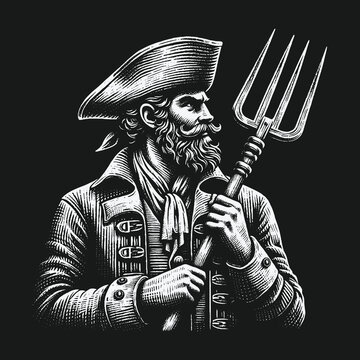 Vintage engraving style illustration of a colonial man holding a pitchfork.