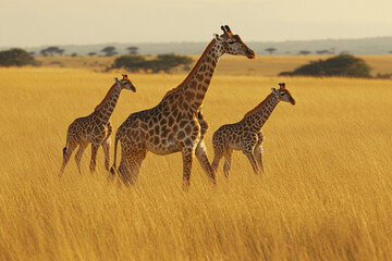 Obraz premium family of giraffes gracefully moving across the golden grasslands