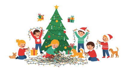 Decorating the Holiday: Joyful children adorn a festive tree with twinkling lights, embodying the joyous spirit of Christmas.