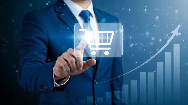Main d&rsquo;homme d&rsquo;affaires en costume touchant avec le doigt une ic&ocirc;ne d&rsquo;e-commerce et graphique de croissance, symbole de succ&egrave;s num&eacute;rique et innovation commerciale.