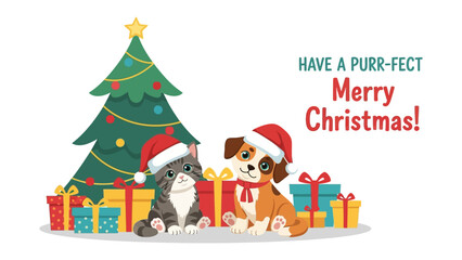 Holiday Greetings: A heartwarming illustration of a festive Christmas scene, featuring a playful kitten and a joyful puppy, both wearing Santa hats.