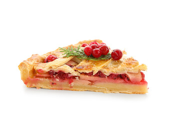 Piece of tasty cranberry pie with coniferous branch on white background. Christmas celebration