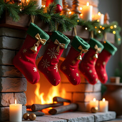 Festive Christmas scene with stockings hung over a fireplace, decorated with greenery and candles. Warm, cozy, and ready for Santa's visit.