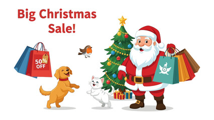 Christmas Cheer and Gift: A festive image of Santa Claus surrounded by a playful dog and cat, decorated Christmas tree, festive bags, and the announcement of a holiday sale