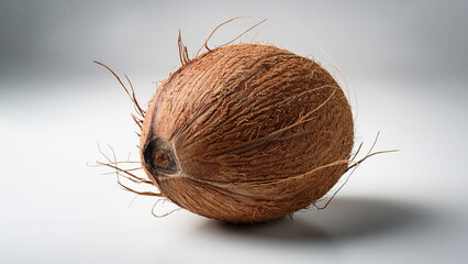 Whole coconut on clean white background in minimal tropical style