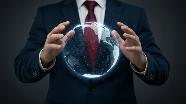 Empresario sosteniendo un globo terr&aacute;queo hologr&aacute;fico: Concepto de negocios globales, tecnolog&iacute;a y conectividad