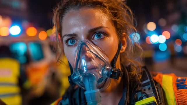 Close-up of a woman in emergency medical services uniform wearing an air respirator at night