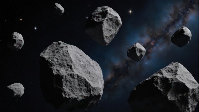 Rendered image of asteroids floating in space with a starry and galactic background