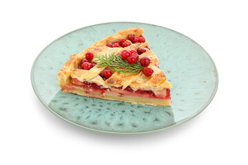Plate with piece of tasty cranberry pie on white background. Christmas celebration