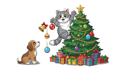 Festive Companions: A playful cat and dog adorn a Christmas tree with joyous decorations. Capture the whimsical spirit of the season, showcasing the animals.