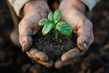 farmer hands holding tiny seedling, ready to plant