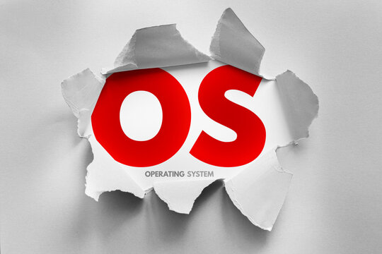 Torn paper reveals bold letters OS with the words Operating System below. A modern, minimalist design symbolizing breakthrough, innovation, and digital technology concepts