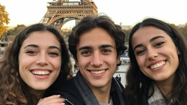 Selfie d&rsquo;amis &ndash; deux jeunes Parisiennes et un jeune homme devant une tour de France.