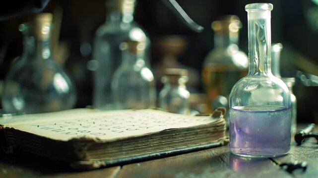 Purple potion in glass bottle, spell book on table, blurry bottles in background, for alchemy