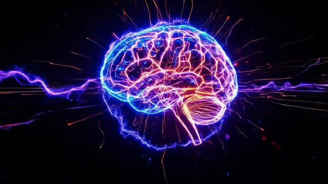 A visualization of the human brain with glowing impulses and energy flows, representing thought, information transfer, and consciousness. The concept illustrates the power of the mind to manifest 