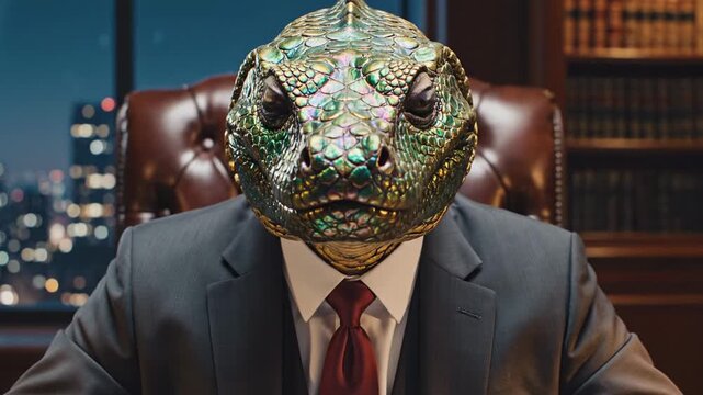 Reptilian businessman in suit sitting at desk, corporate evil and conspiracy theory concept video