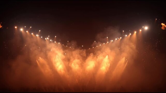 Dramatic concert stage light show with powerful pyrotechnic display featuring symmetrical fire, smoke, and energetic orange beam illumination