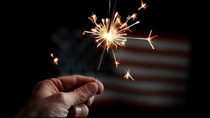Happy hand with bright sparkler illuminates night. festive patriotic celebration set against glowing American flag background