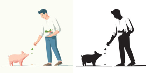 Vector set and shilhouttes image of a man feeding a pig on a white background
