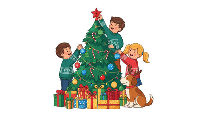Family Christmas Tree: Children and a dog joyfully decorate a Christmas tree with ornaments, the scene conveying the magic of family tradition and holiday cheer.